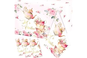Dydamud Pink Floral Tea Party Tablecloth, Girls Tea Party Birthday Supplies 3pcs Let's Partea Spring Disposable Table Cover for Baby Shower, Floral Birthday Decorations
