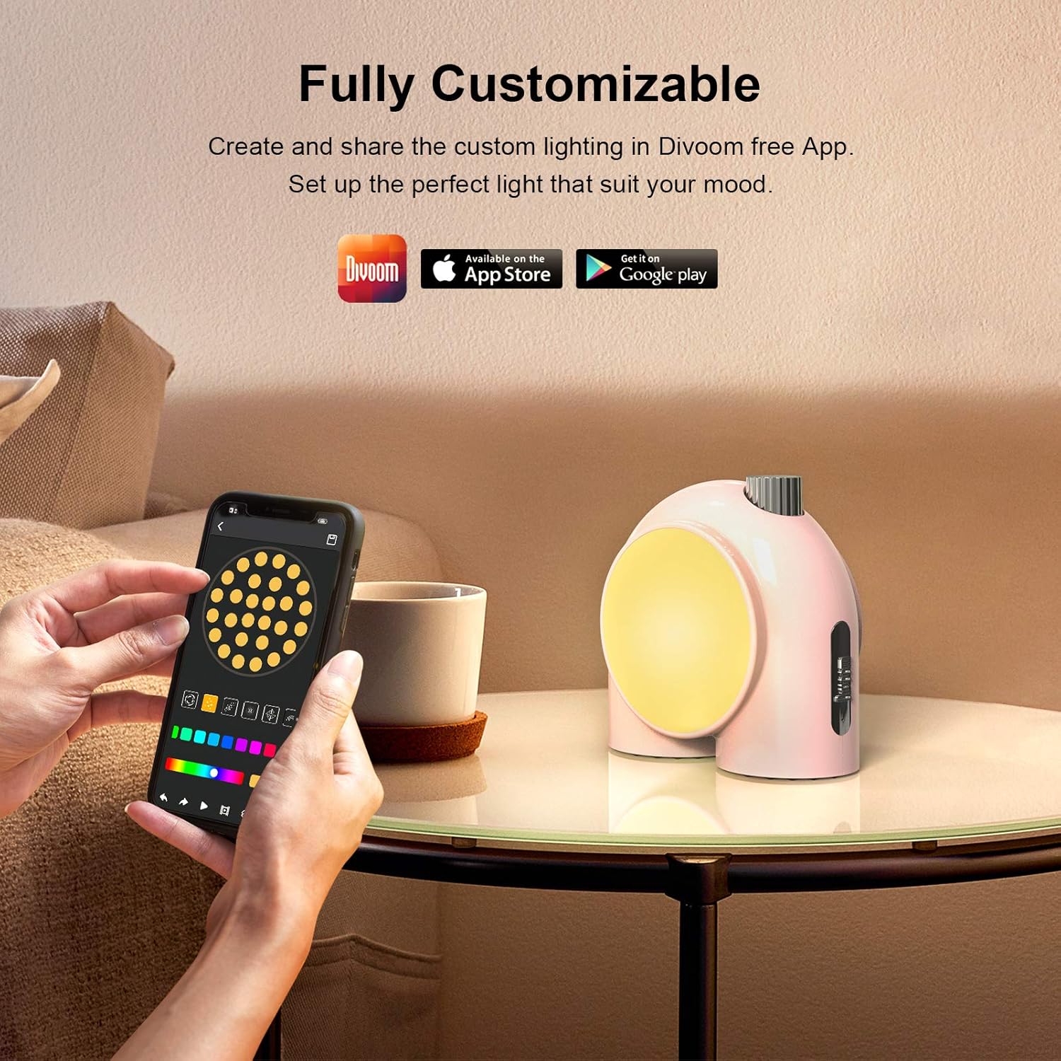 Divoom Planet-9 Smart Mood Lamp, Cordless Table Lamp with Programmable RGB LED for Bedroom Gaming Room Office, Pink: Home Improvement