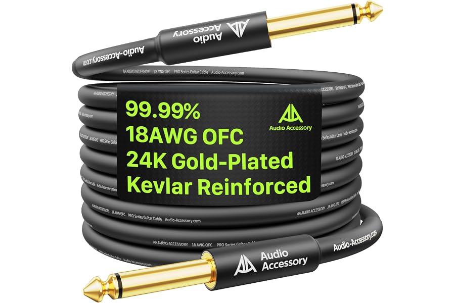 Professional Instrument Cable, Electric Guitar Cable 10 ft, Anti-Kink | Stage-Ready & Roadworthy Kevlar-Reinforced Gold-Plate