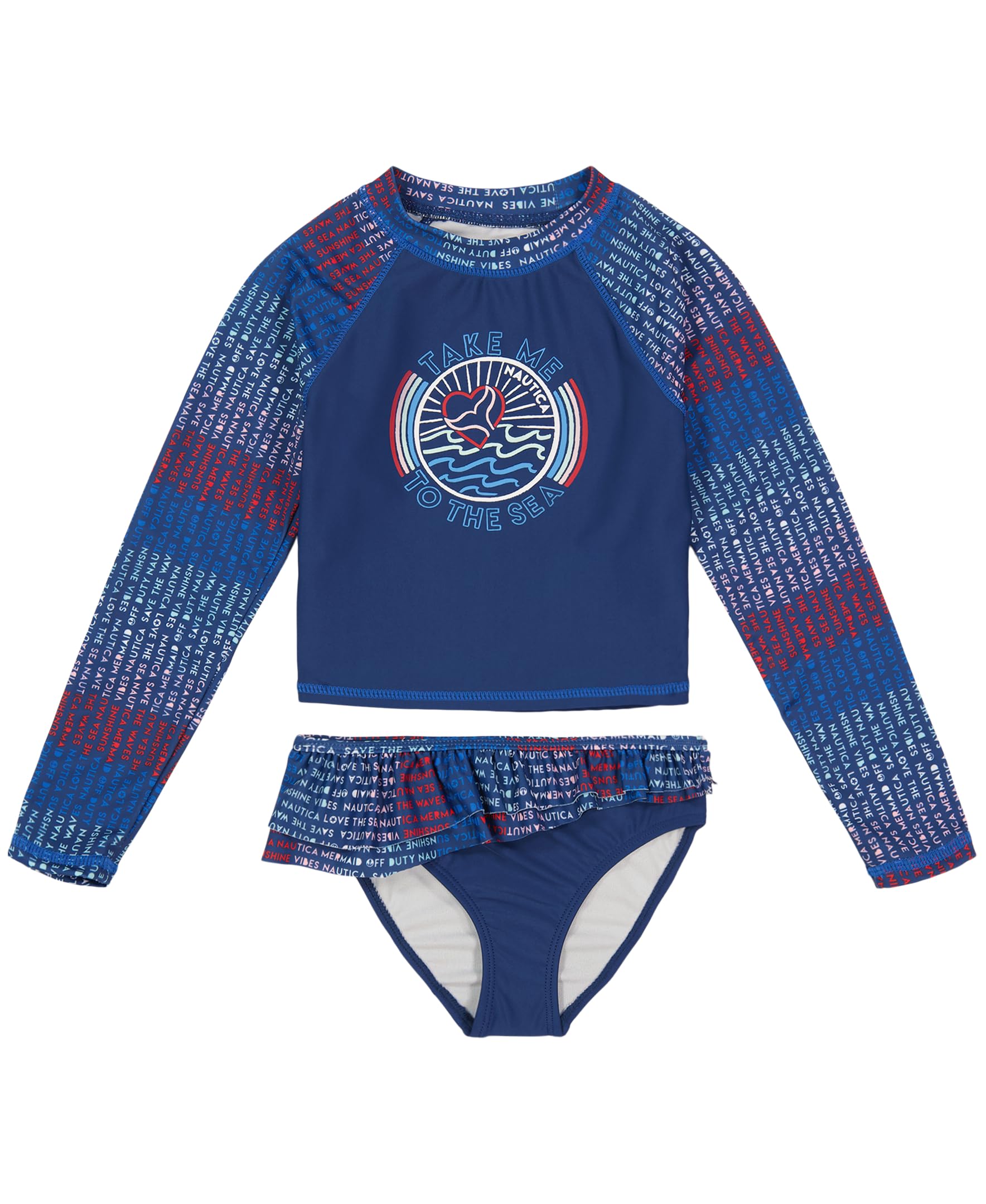 Photo 1 of Nautica Girls' Two-Piece Rashguard Swimsuit Set, UPF 50+ Sun Protection, Quick-Dry Bathing Suit, Twilight Blue Sea, 8-10