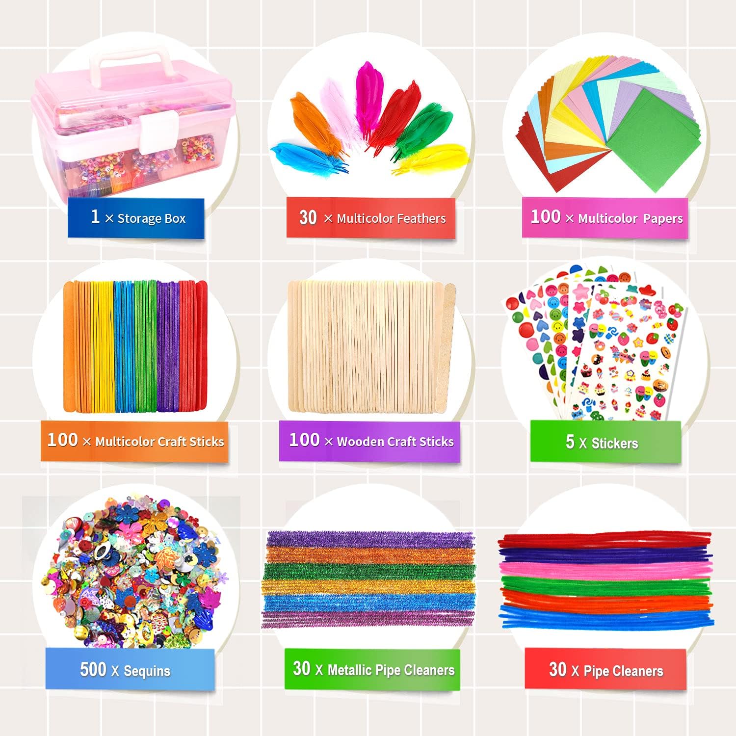 obqo 1000+ Pcs Kids Craft Box Kit, Toddler Arts and Crafts for Kids Includes Pom Poms Pipe Cleaners, Feather - Image 3