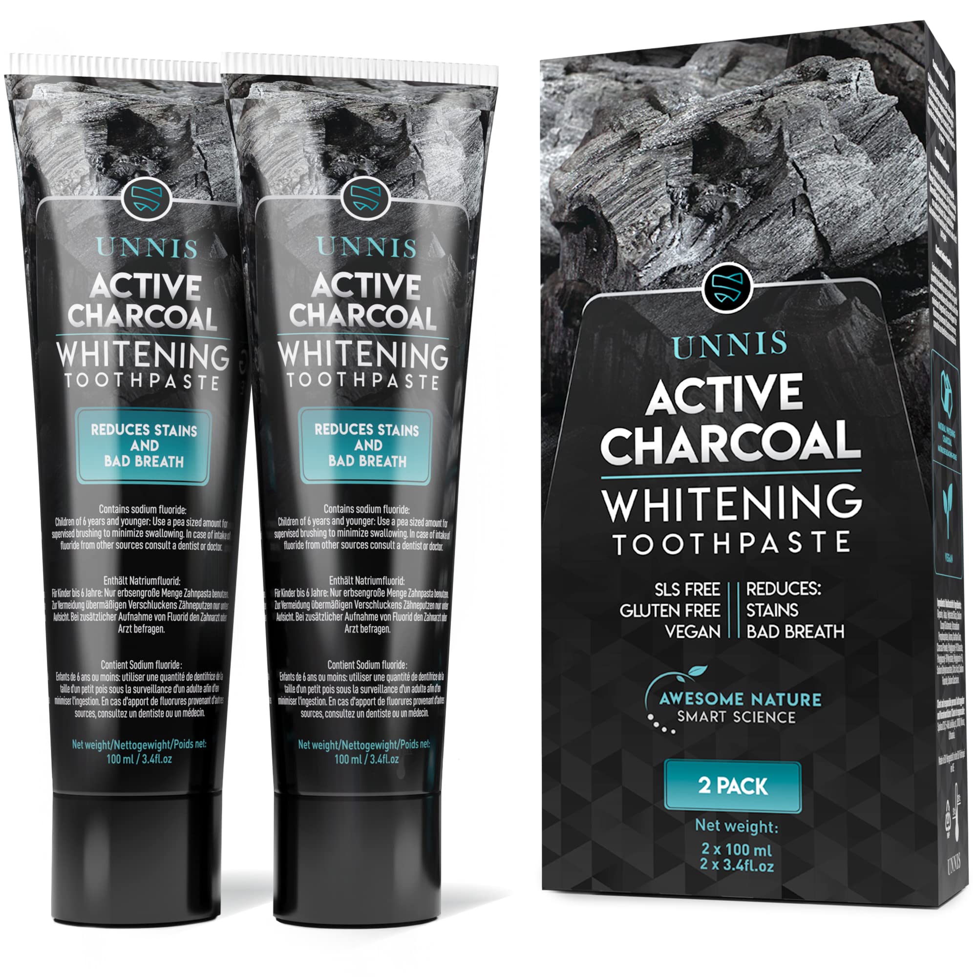 Activated Charcoal Teeth Whitening Toothpaste 2 Pack Active Natural Teeth Whitening Toothpastes Stain Removal Tooth Whitener Kit for White Teeth Safe Plaque Remover