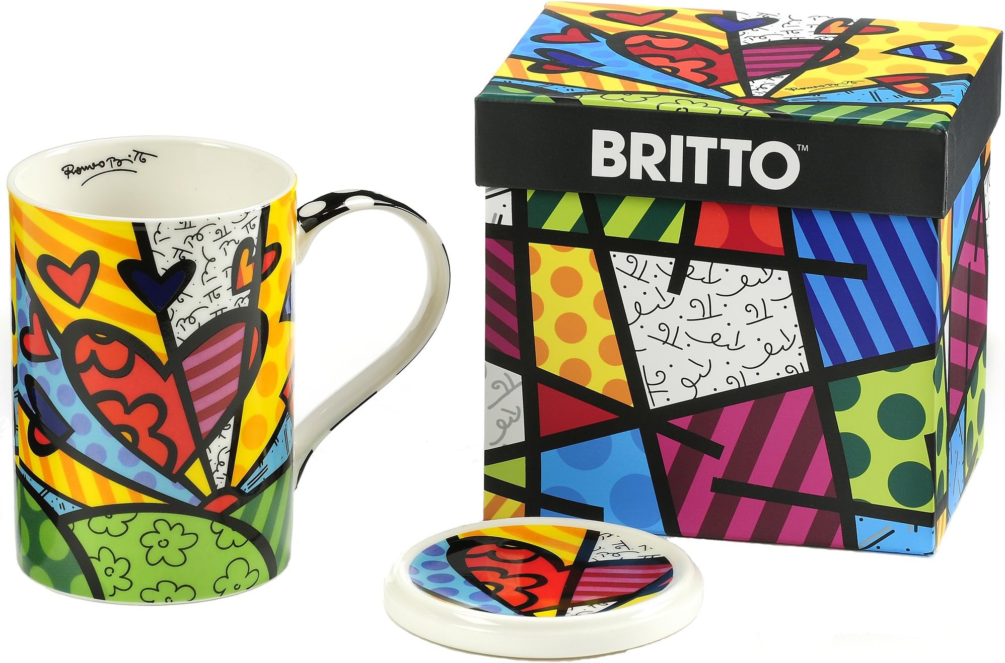 ROMERO BRITTO New Bone China Mug with Lid - A New Day - gift boxed - Pop Art Miami #334233