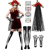 Jecery 9 Pcs Day of The Dead Costume Accessories for Women Halloween | Dia De Los Muertos Headband Set, Thigh High Skeleton Socks, Full Finger Skeleton Gloves, 4 Sheets Face Tattoos for Cosplay