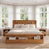 Merax King Solid Wood Platform Bed with Open Storage Headboard, Light Brown | Rounded Wood Bed Frame with Footboard, Slat Support, and No Box Spring Needed for Bedrooms and Guest Rooms
