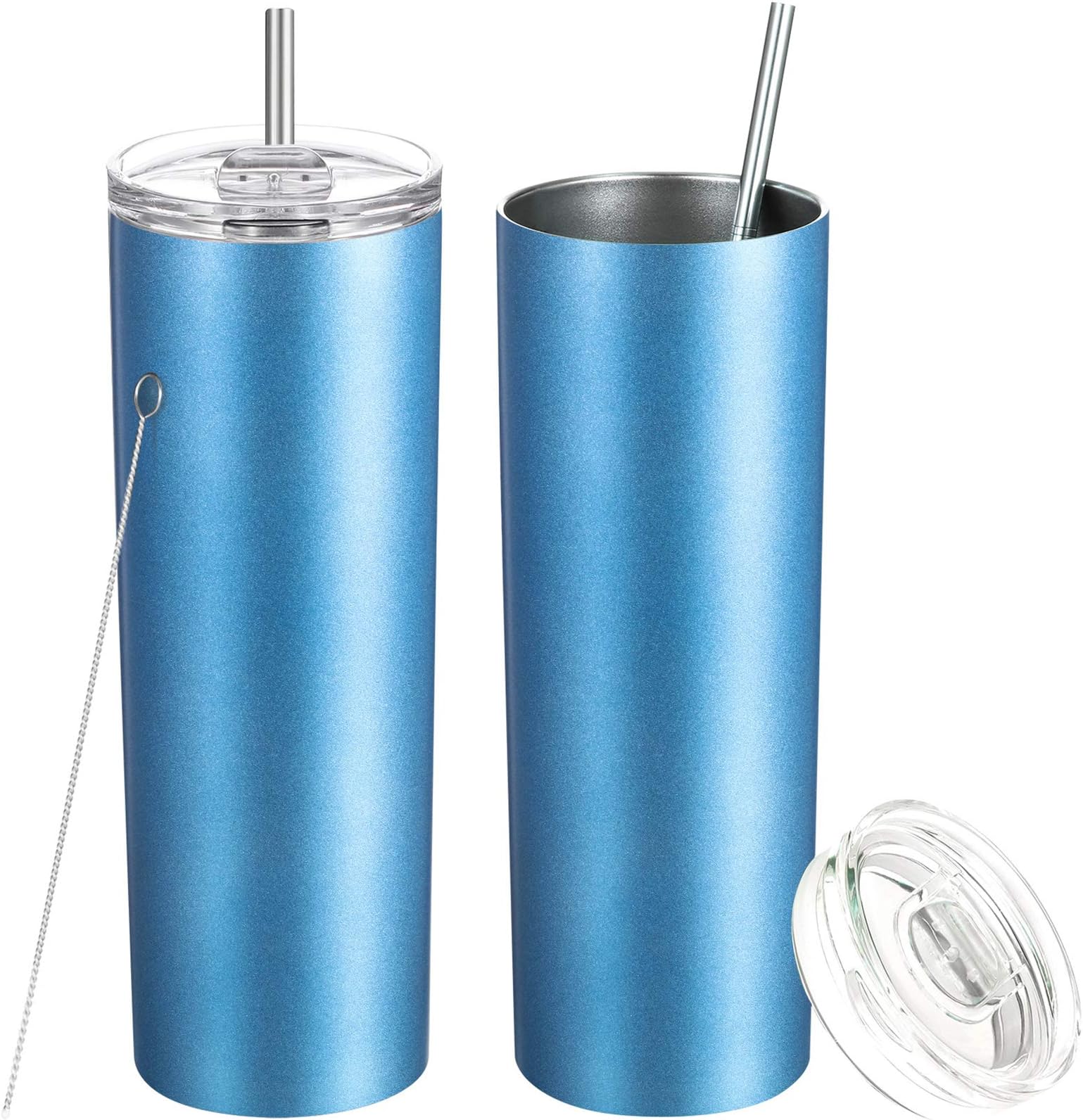2 Pack Stainless Steel Skinny Tumbler, Double-Insulated Water Tumbler Cup With Lid and Straw, Outdoor Unbreakable Travel Slim Bottle for Hot Cold Drinks with Cleaning Brush (Sea Blue, 20 OZ)