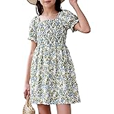 JiAmy Girls Summer Dress Ruffle Puff Sleeve Casual Dresses for Kids Square Neck Smocked Flowy Dress 5-14 Y