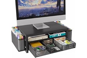 2 Tier Monitor Stand Riser with Drawer & 2 Pen Holders Storage for Desktop, Metal Computer Desk Organizer Stand for Laptop, C