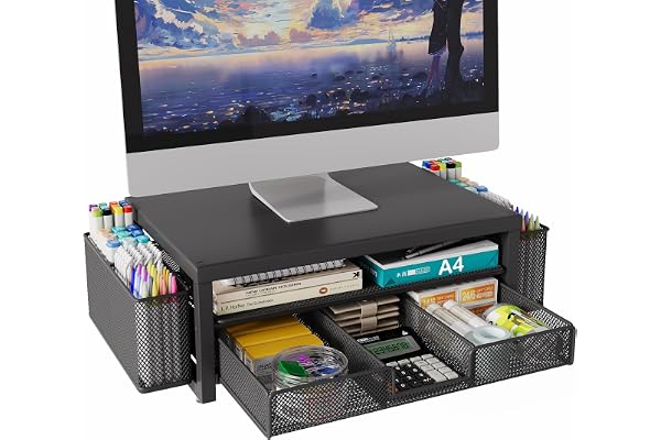 Metal Monitor Stand Riser with Drawer & 2 Pen Holders Storage for Desktop,2 Tier Computer Desk Organizer Stand for Laptop, Co