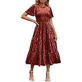 Simplee Velvet Dress for Women Semi Formal Short Sleeve Floral Smocked Empire Waist Fall Winter Wedding Guest Dresses