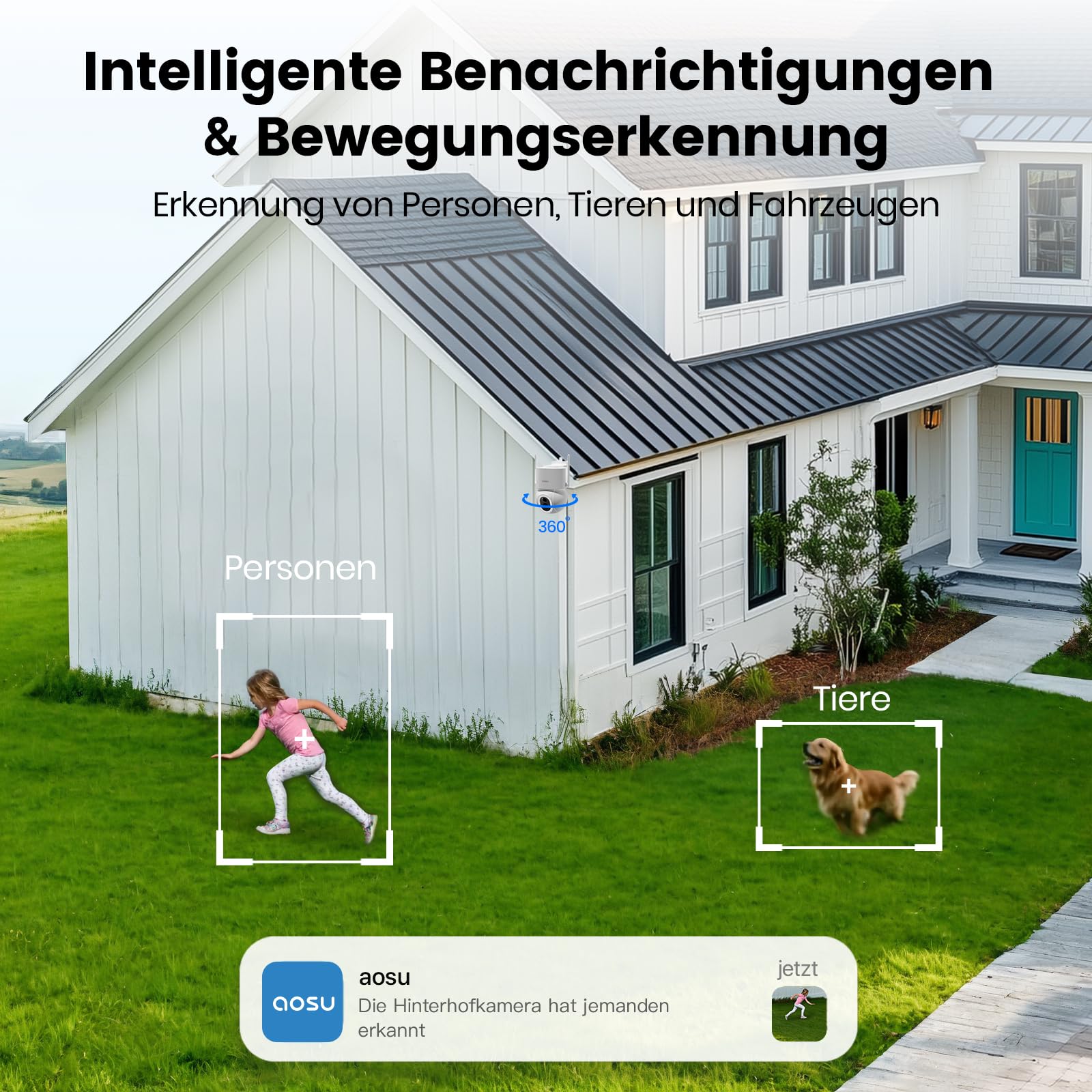 aosu 3K 5MP Überwachungskamera Aussen Solar Akku, 360° PTZ, 2-in-1 Überwachung und Beleuchtung, AI-Erkennung Person Auto, Haustier, Zaun, Licht- & Tonalarm, 2-Wege-Audio, Farb-Nachtsicht, 2 STK 3