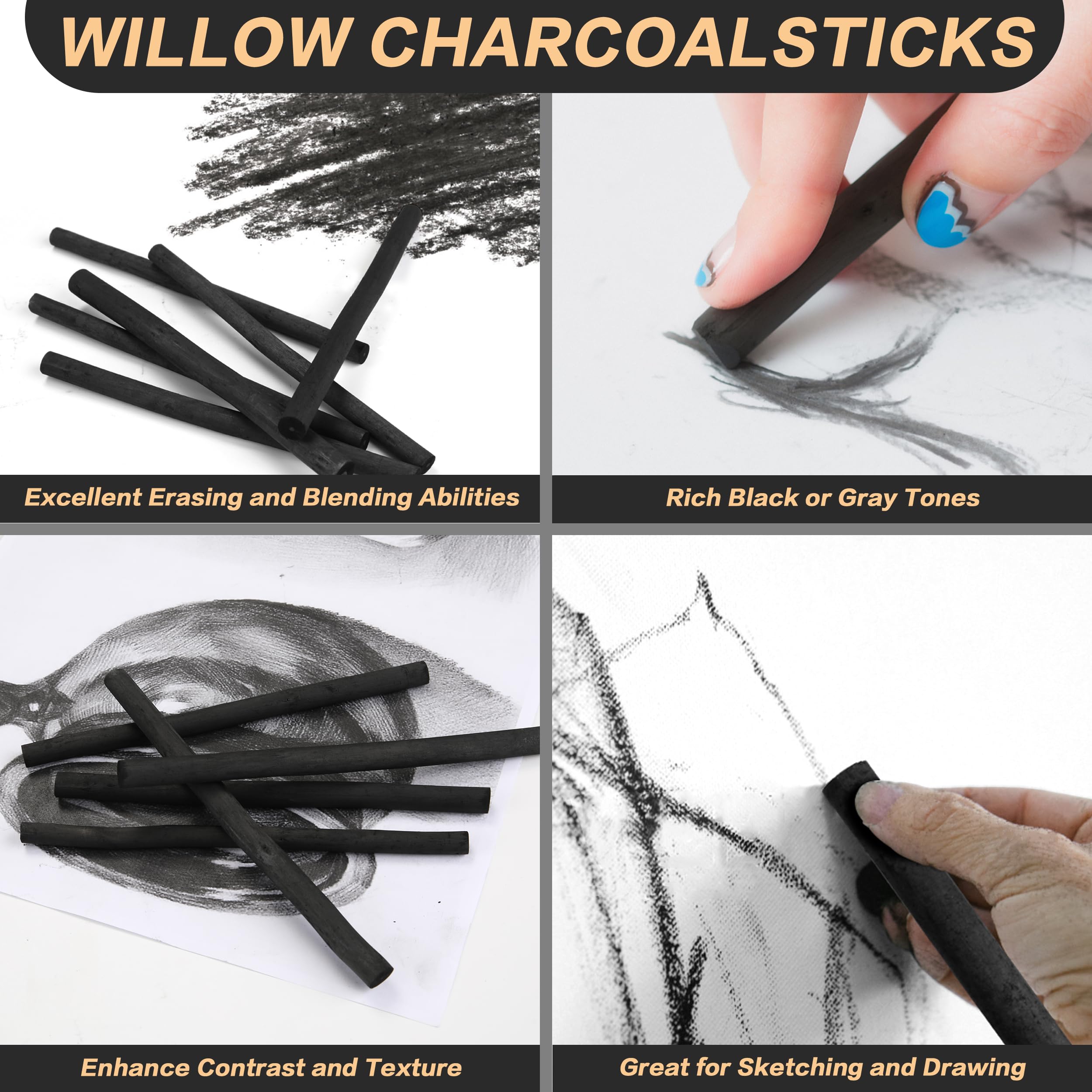 MyLifeUNIT Vine Charcoal Sticks, Willow Sketch Charcoal Pencils for Drawing, Pack of 25 (7-9 MM Dia)