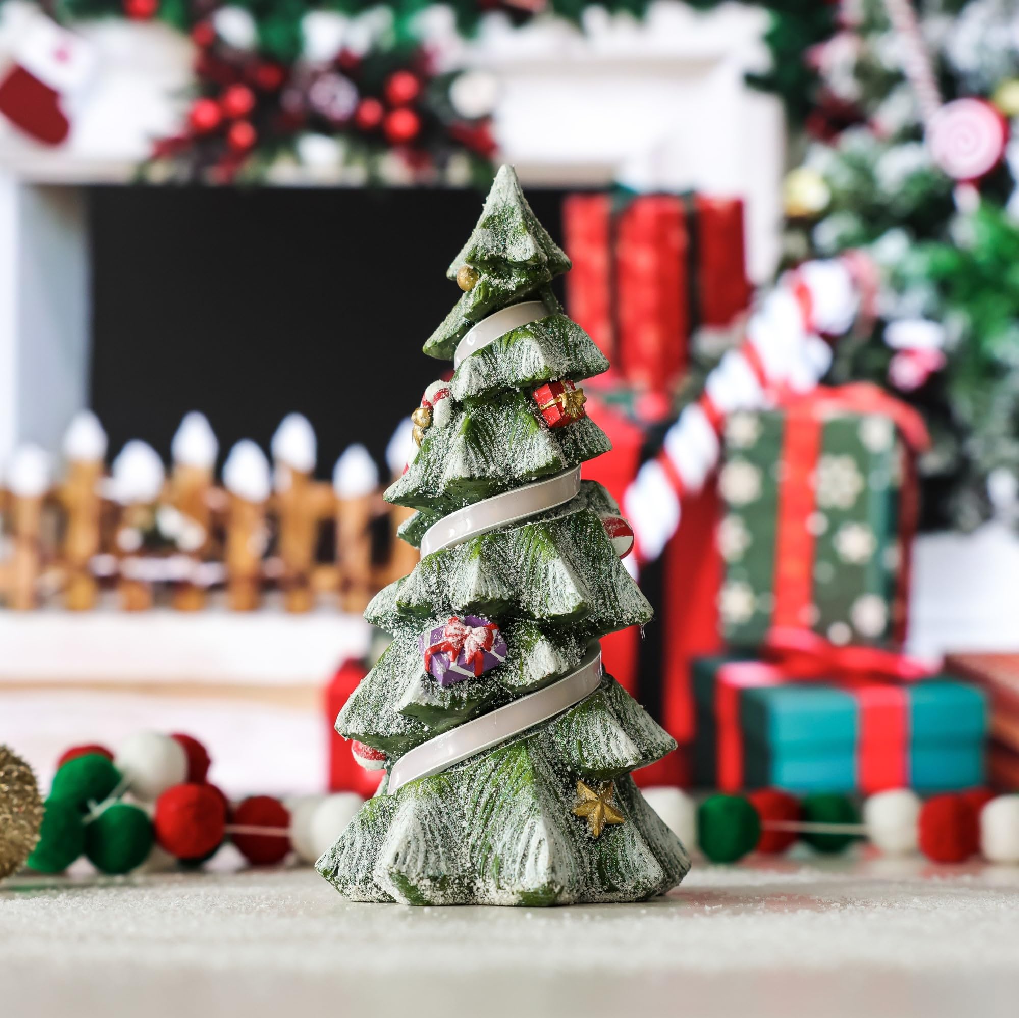 Photo 1 of Rezpuao Christmas Tree Table Decorations, 10" White Glittered Xmas Pine Trees, Winter Snow Ornaments Tabletop Resin Trees Dinner Holiday Party Supplies Winter Mantle Shelf Centerpieces Decor