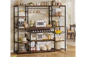 UPOSOJA Large Bakers Rack with Power Outlet, 62.4in Wide Kitchen Microwave Stand with Storage Shelves, 5-Tier Coffee Bar, Wine Rack, Goblet Holder, 8 Hooks, Wire Basket(Rustic Brown, Large)