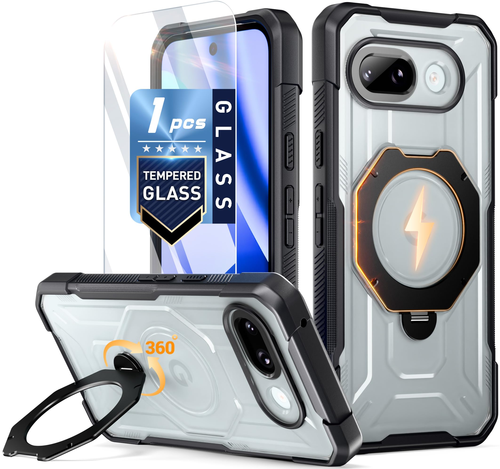 Photo 1 of Poetic for Pixel 10a Case, | Compatible with MagSafe | 360° Rotate Magnetic Ring Kickstand | Military Grade Drop Proof Protection Cover | Tempered Glass Screen Protector | Black/Clear