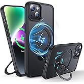 FNDMIL 360°Rotatable Magnetic Ring for iPhone 14 Plus Case/iPhone 15 Plus Case Compatible with MagSafe [Non-Slip Texture][Built-in Kickstand][Military Shockproof] Translucent Matte Silicone Slim,Black
