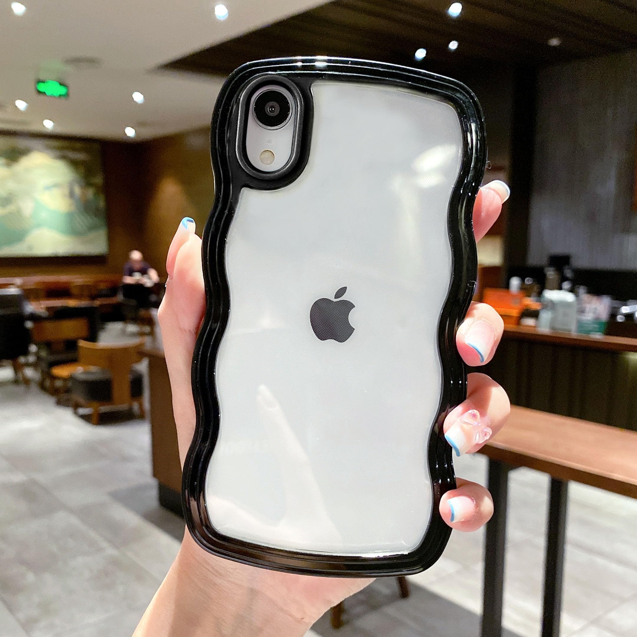 QLTYPRI Compatible with iPhone XR Case, Cute Curly Wave Frame Clear Case for Girls Women, Transparent Soft Silicone TPU Bumper Shockproof Protective Phone Cover for iPhone XR - Black — image 1