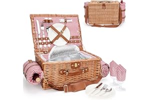 WILLOW WEAVE Picnic Basket for 2, Picnic Baskets with Waterproof Blanket, Picnic Hamper Set with Washable Beach Mat & Large Insulated Cooler Compartment, Handmade Natural Wicker Hamper for Camping, Outdoor Party