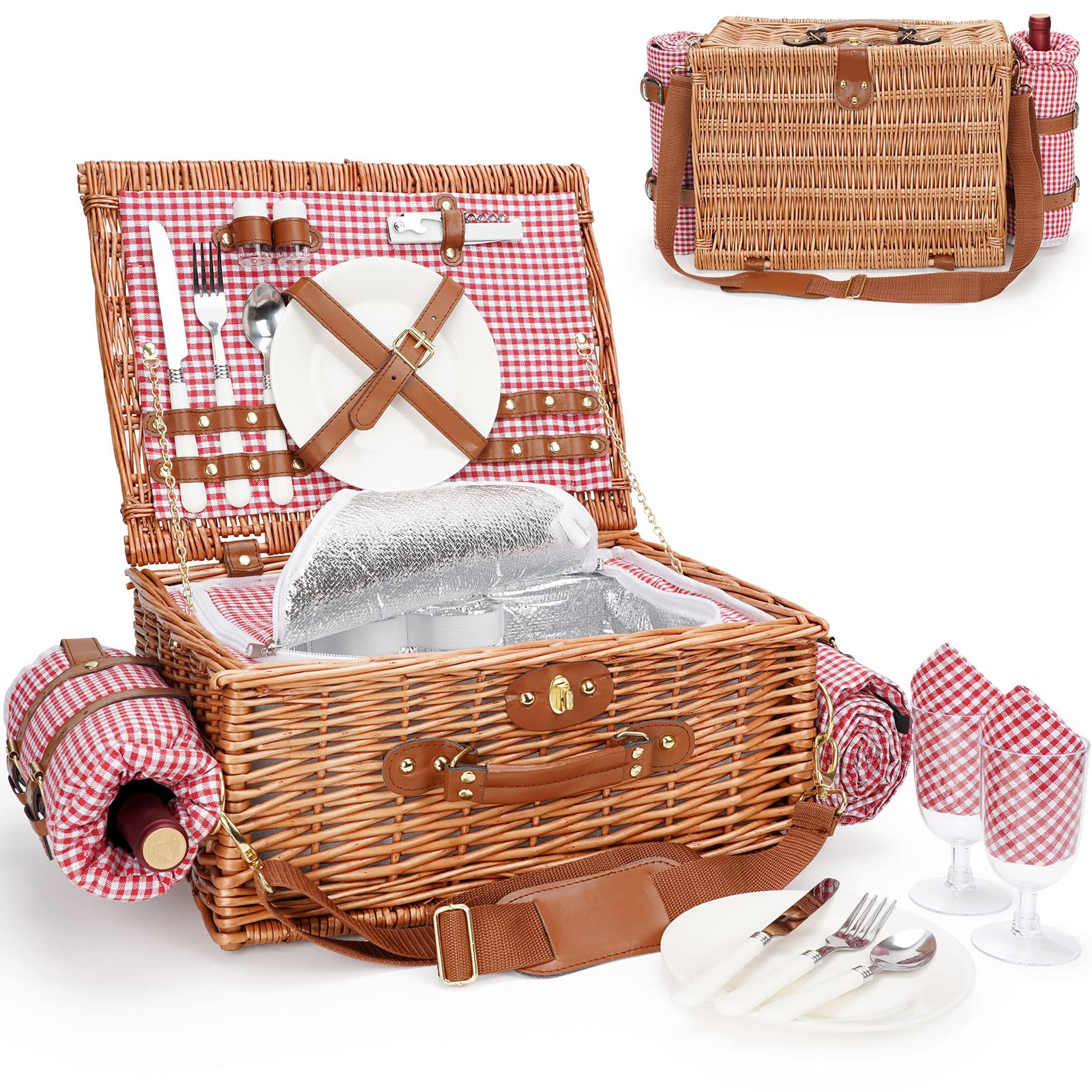 Photo 1 of Picnic Basket for 2, Picnic Baskets with Waterproof Blanket, Picnic Hamper Set with Washable Beach Mat & Large Insulated Cooler Compartment, Handmade Natural Wicker Hamper for Camping, Outdoor Party