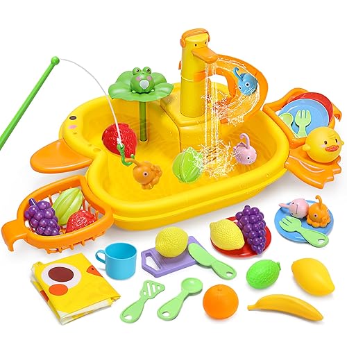 CUTE STONE Toy Sink with Running Water, Play Sink Toy with Upgraded Electric Faucet, Water Slide Track, Pool Floating, Fishing Toys for Kids, Pretend Play Kitchen Toys for Boys Girls