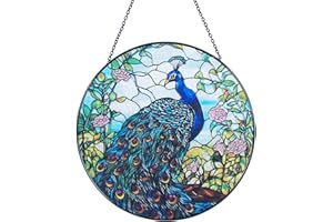 GALAG 8'' Peacock Decor Suncatcher Stained Glass - Originally Designed Peacock Suncatchers for Sun Catchers Indoor Window | Painted Glass Panel Decor Themed Gift