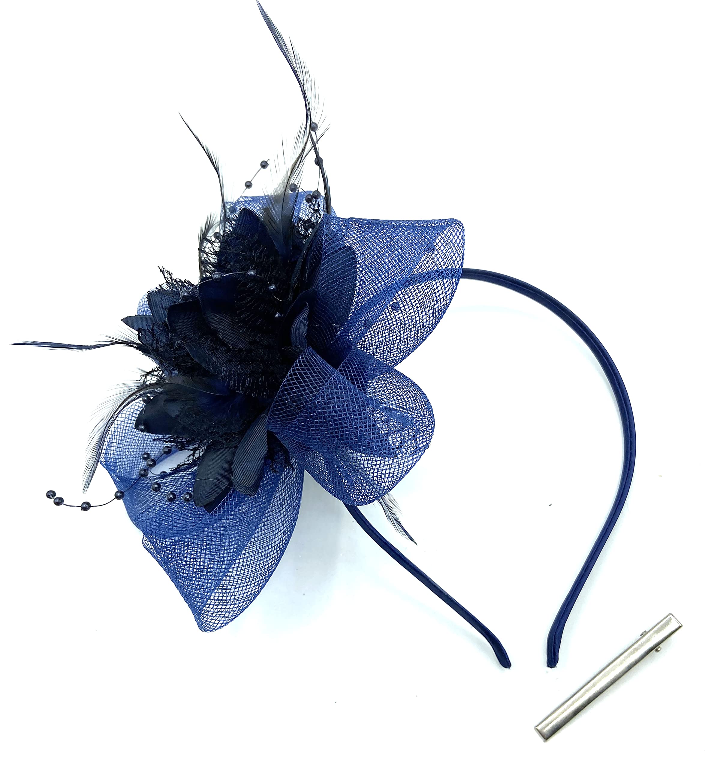 Ladies Beaded Feather Fascinator Clip/Headband Weddings, Races, Royal Ascot (Navy Blue)