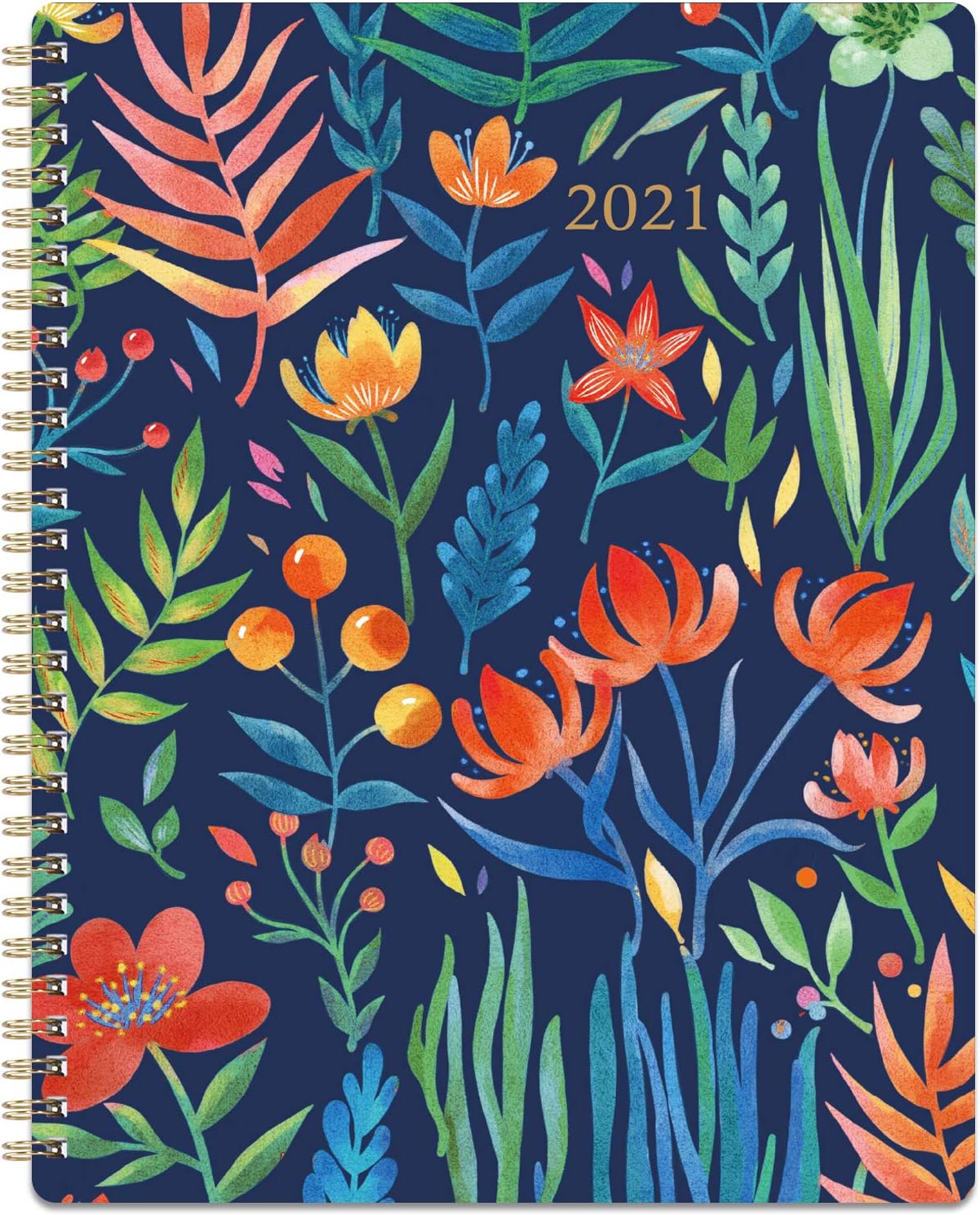2021 Planner - Weekly & Monthly Planner with Marked Tabs, 8" x 10", Jan. - Dec. 2021, Contacts + Calendar + Holidays, Twin-Wire Binding with Thick Paper - Navy Floral : Office Products