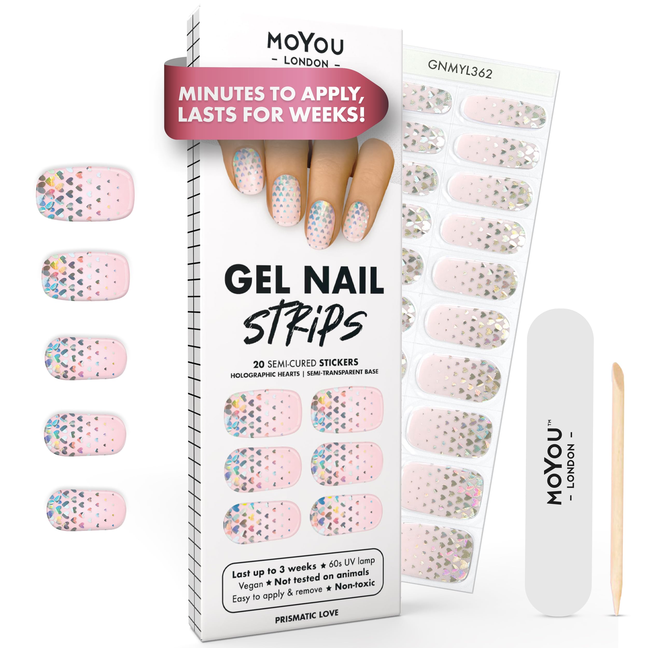 MOYOU LONDON Semi Cured Gel Nail Strips - 20 Pcs. Waterproof Gel Nail Wraps, Cures in Sunlight or UV/LED Lamp, Lasts Up to 2+ Weeks, Stretchable, Easy to Apply & Remove, Vegan & Cruelty-Free