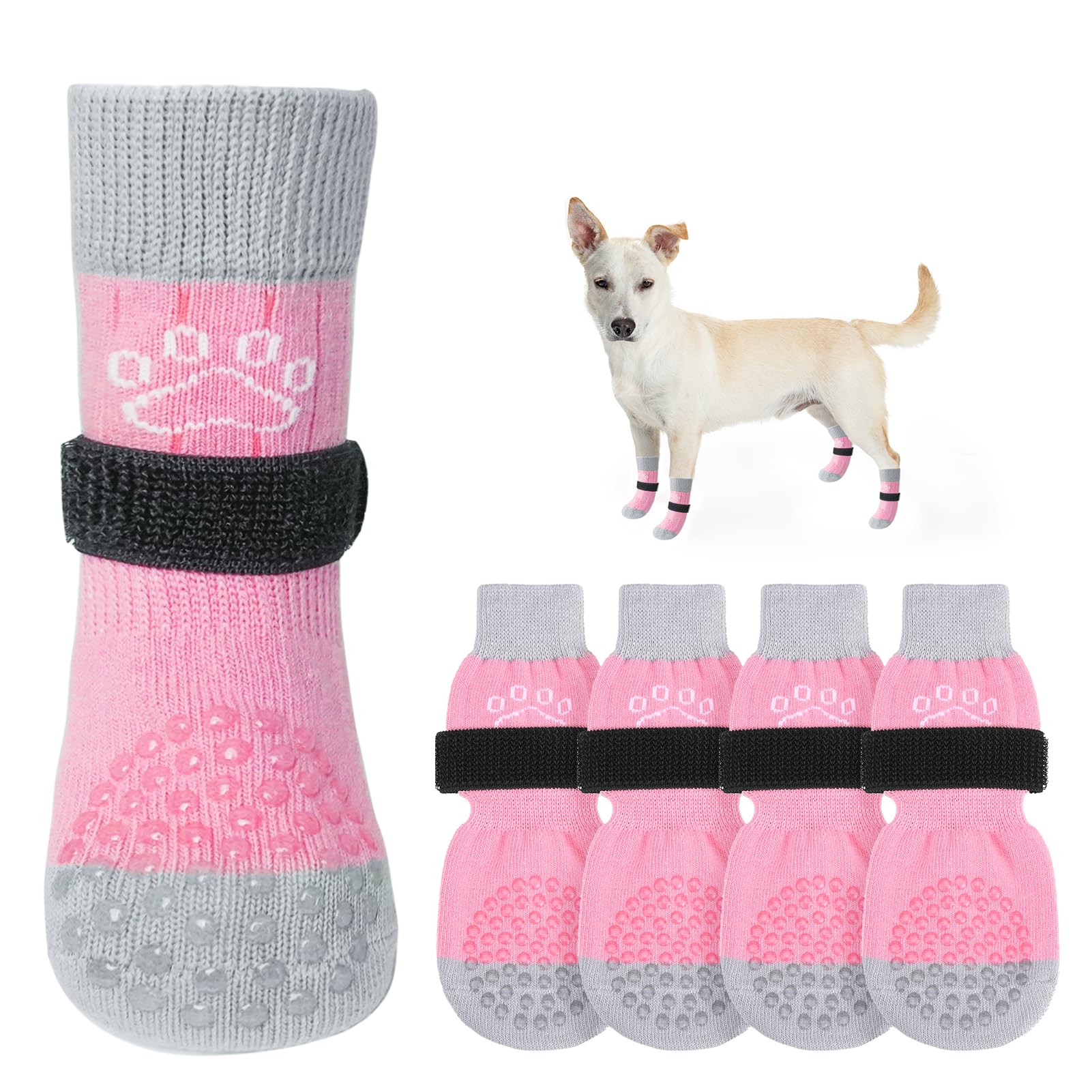 Photo 1 of SCENEREAL Dog Socks to Prevent Licking Paws for Hot/Cold Pavement Anti Slip, Dog Shoes for Hardwood Floors, Dog Boots & Paw Protectors with Grippers for Small Medium Large Senior Dogs, Pink XS