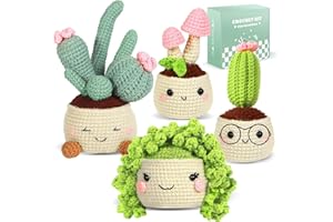 takyu Crochet Kit for Beginners, 4 Pack Plants Crochet Starter Kit for Adults and Kids Learning to Knitting Kit by Step-by-Step Video Tutorials with Complete Crochet Accessories