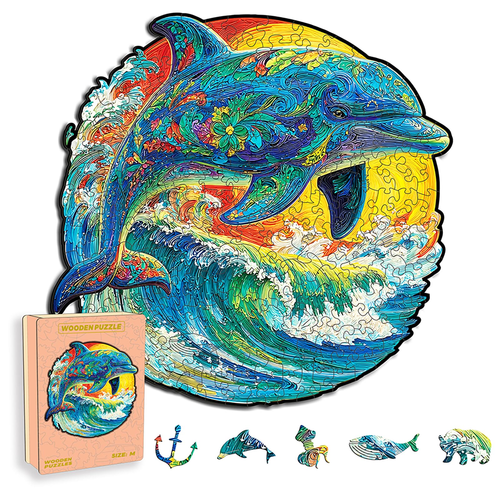 Wooden Puzzles for Adults, Dolphin Ocean Jigsaw Puzzles, Unique Animal Adult Puzzles, Irregular Creative Gift for Family Game,Christmas Birthday Gifts Home Decor — image 1