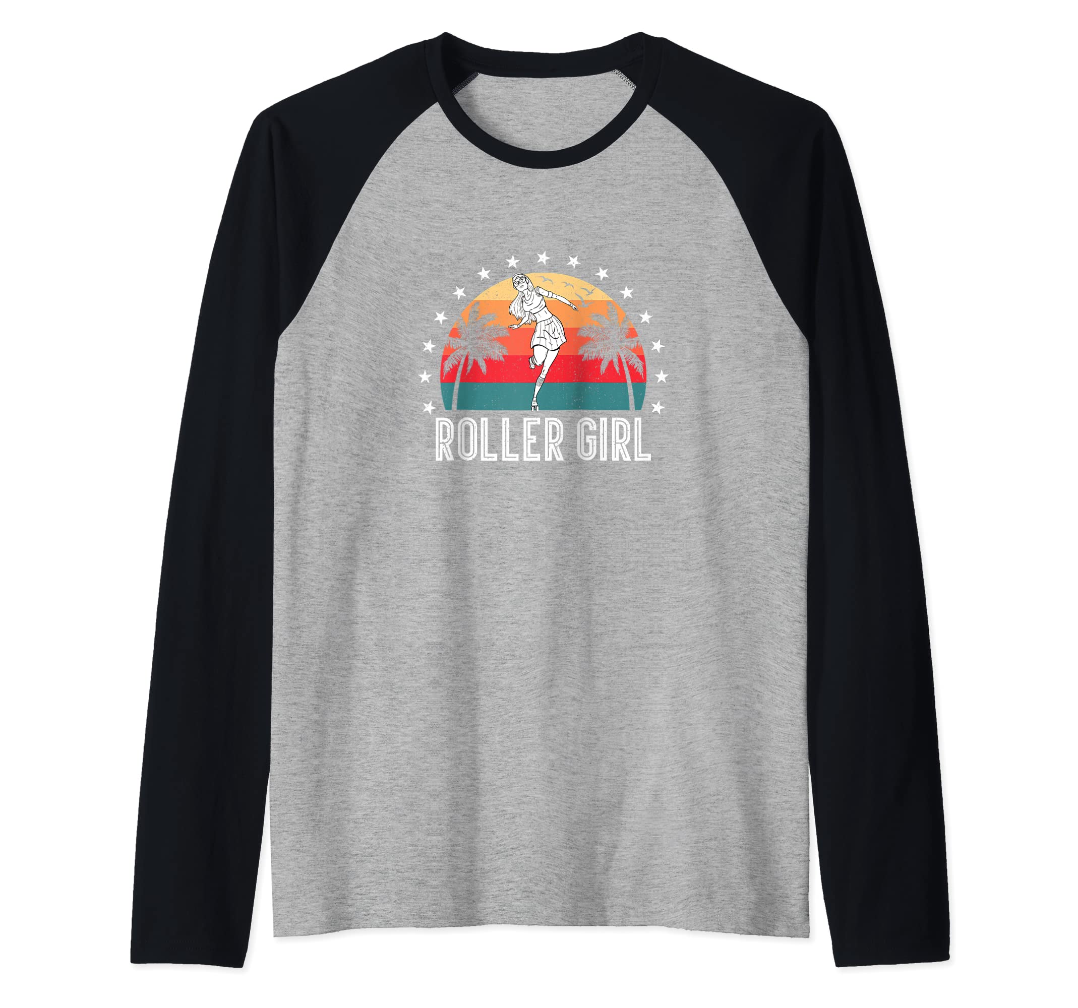 Roller Girl Skater Skating Retro Vintage Skates Raglan Baseball Tee