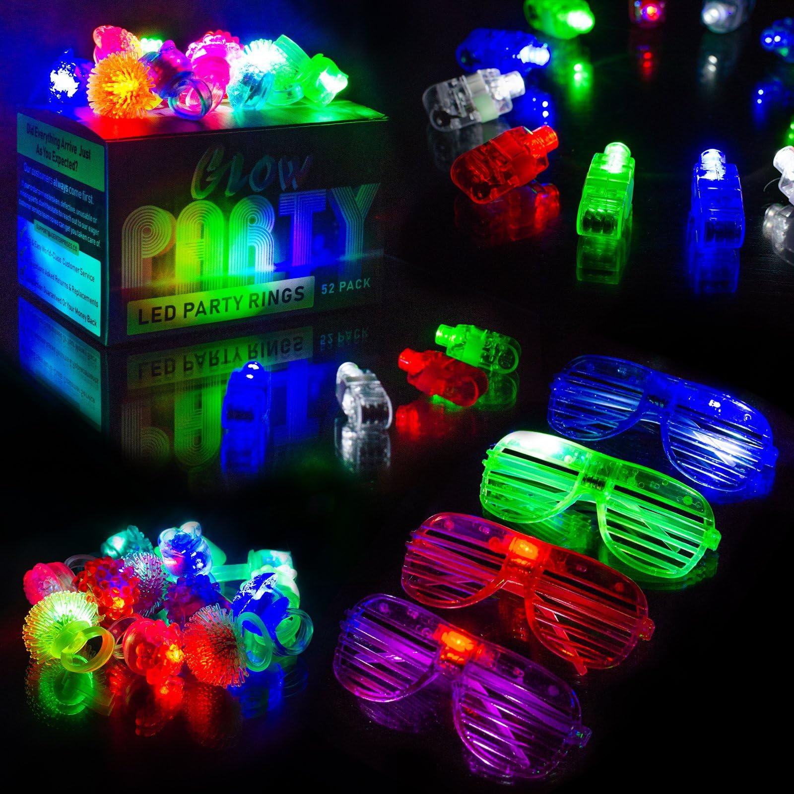 LED Kids Party Favors - 52 Neon Glow in The Dark Parties Supplies for Goody Bags - 5 LED Glasses, 13 Bumpy Jelly Glow Rings. 34 Finger Flashing Rings - Bulk Light Up Toys in Assorted Colors