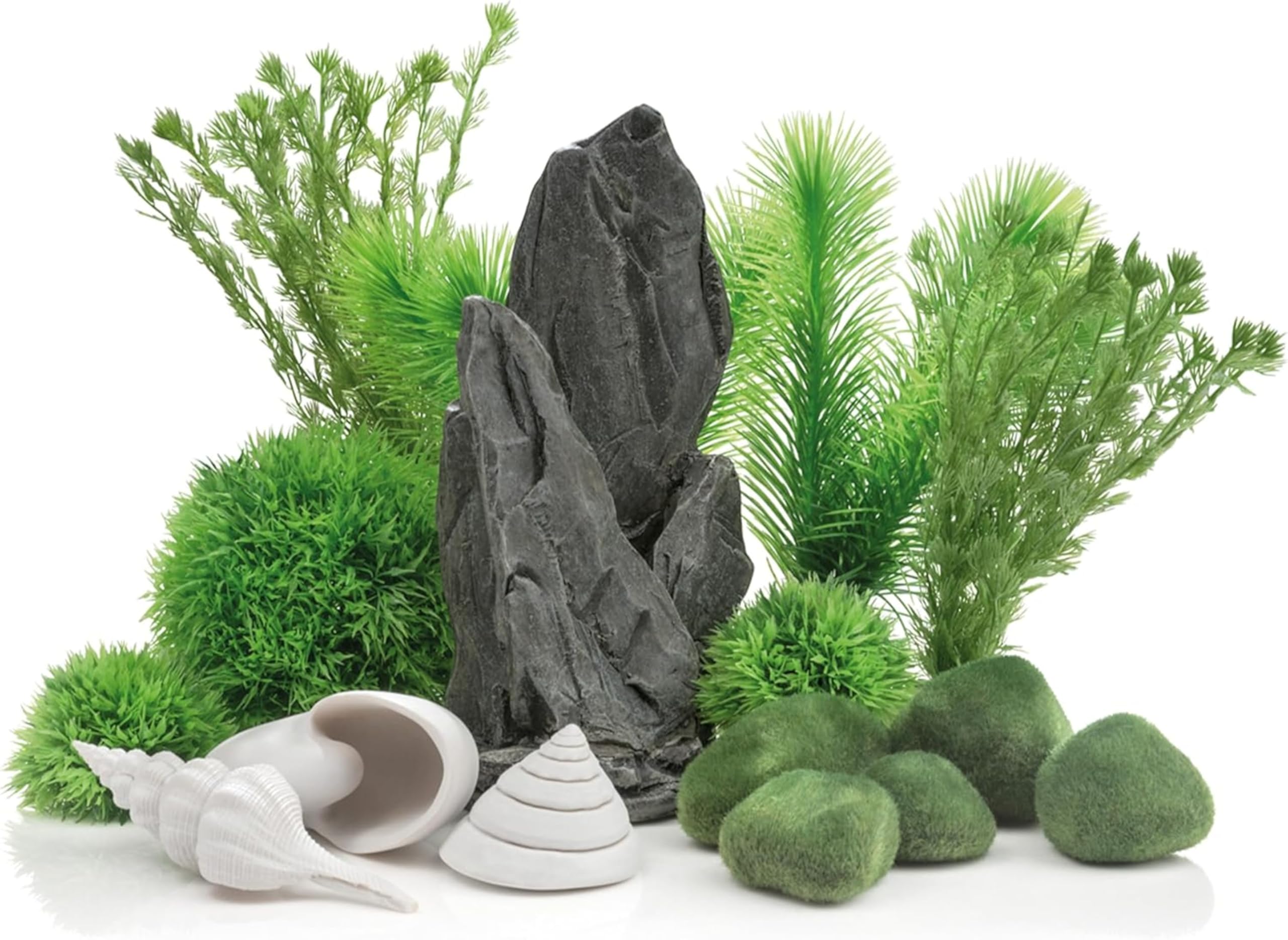 biOrb Decor Set, Stone Garden Theme Grey Slate Sculpture, Plant & Sea Shell Ornaments for 30 L+ Aquariums, Easy-Insert Decoration Compatible with Fresh & Saltwater Tanks, Fish Tank Decorations, Green