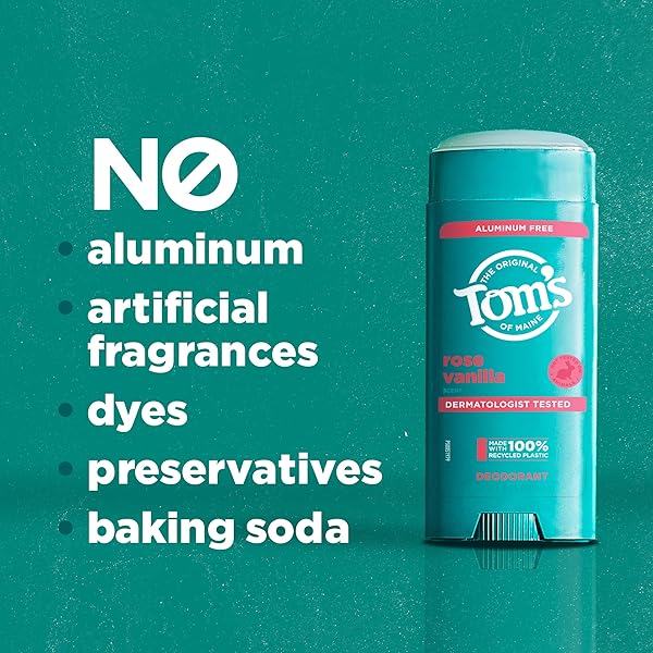 TOM’S OF MAINE ROSE VANILLA ALUMINUM FREE NATURAL DEODORANT FOR WOMEN & MEN | GOES ON CLEAR | ODOR & WETNESS PROTECTION | NATURALLY DERIVED AND MOISTURE-LOCKING INGREDIENTS | 3.25 OZ