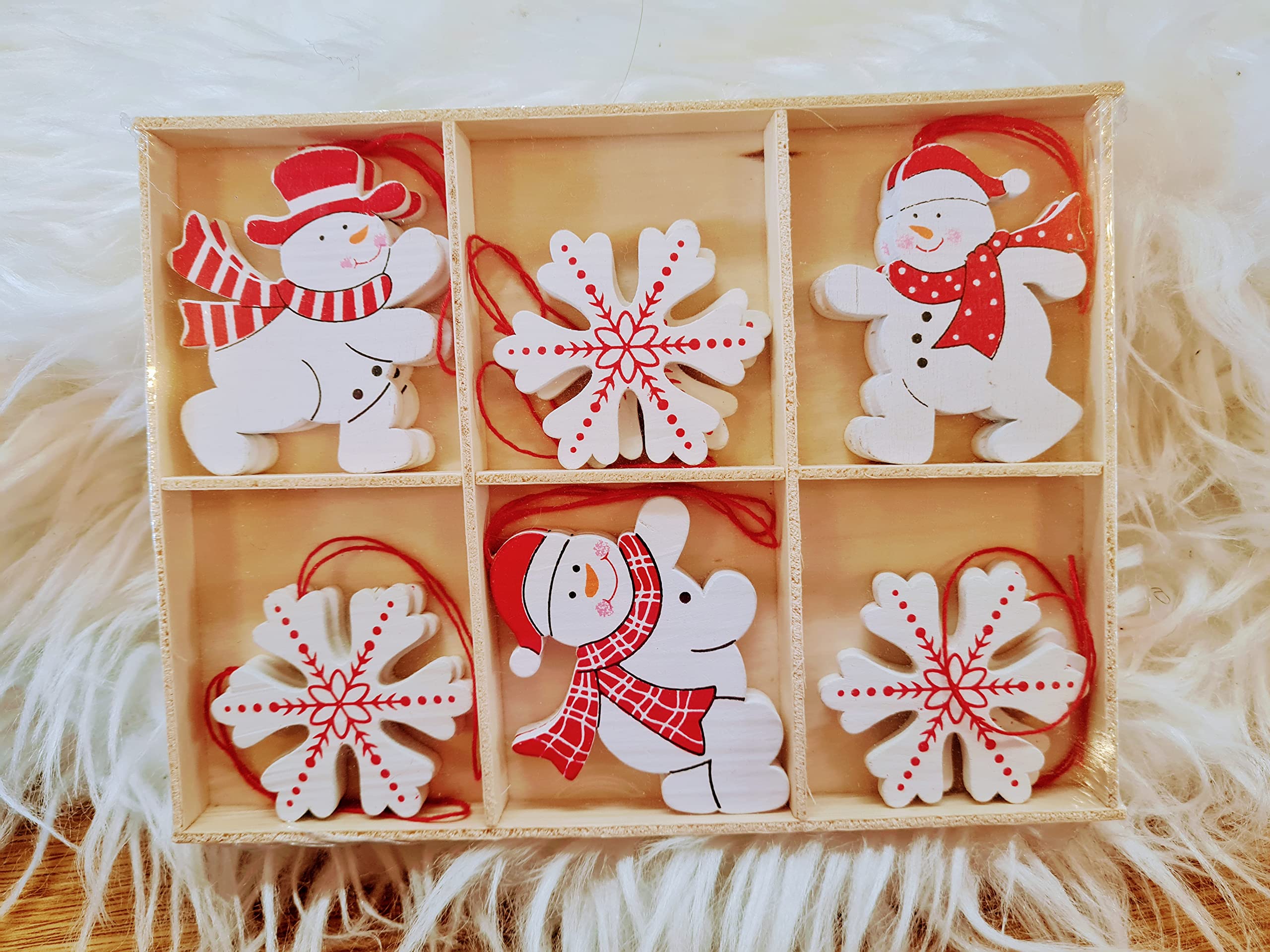 Snowman and Snowflake Wooden X'mas Tree Decorations - Set of 12