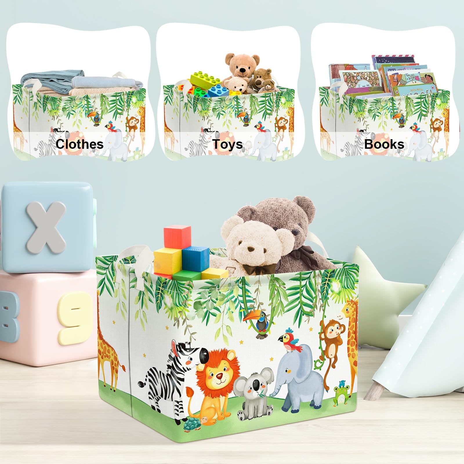 Clastyle Safari Animal Nursery Decor Kid Basket Rectangle Elephant Koala Monkey Storage Bin Collapsible Baby Clothes Toy Book Gift Basket