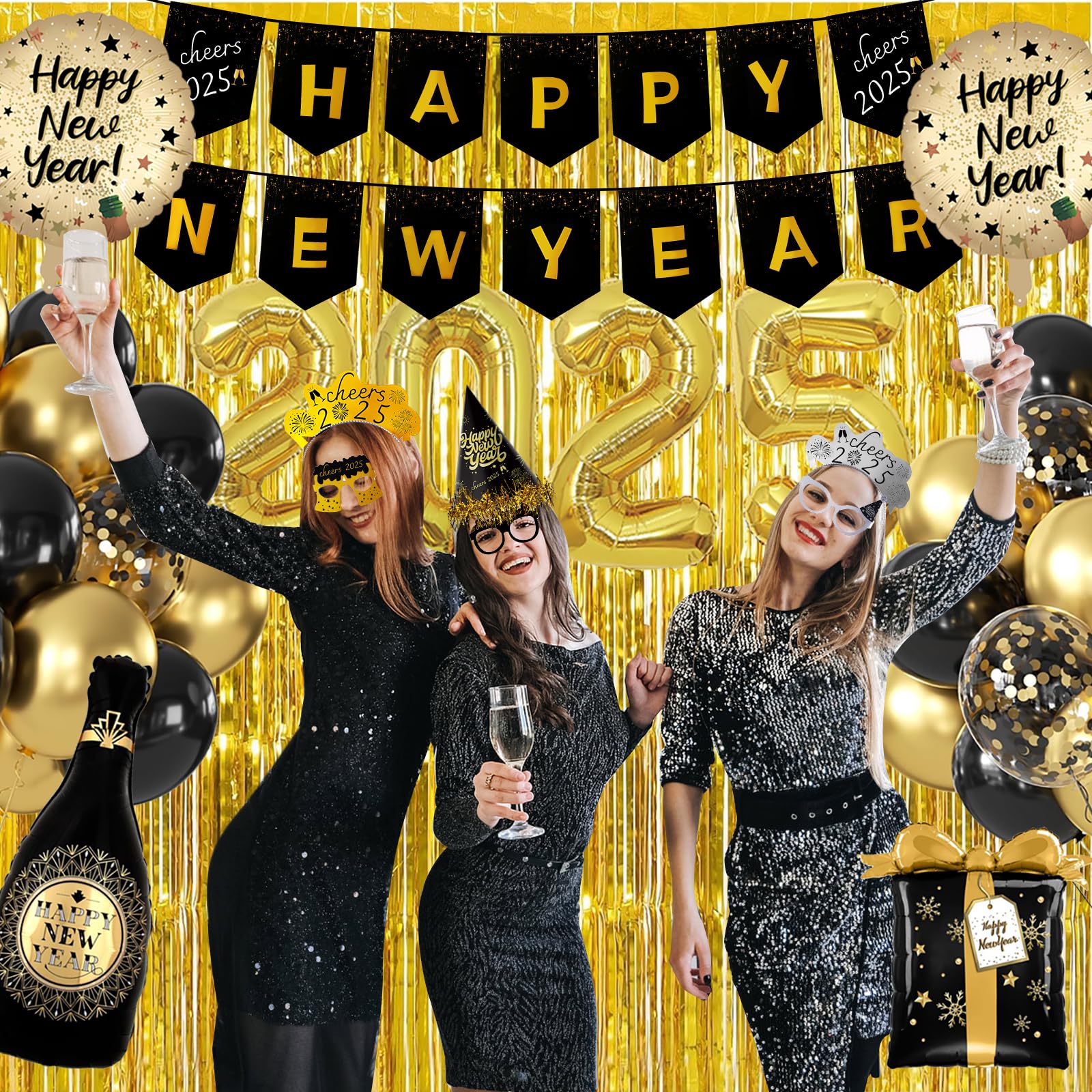 New Years Eve Party Supplies 2026-73 PCS Happy New Years Decorations-Party Favors Includes Hats, Banner, Glasses, Tiaras, Squawkers Blowers, Balloons, Fringe Curtain Accessories Nye Decorations 2026