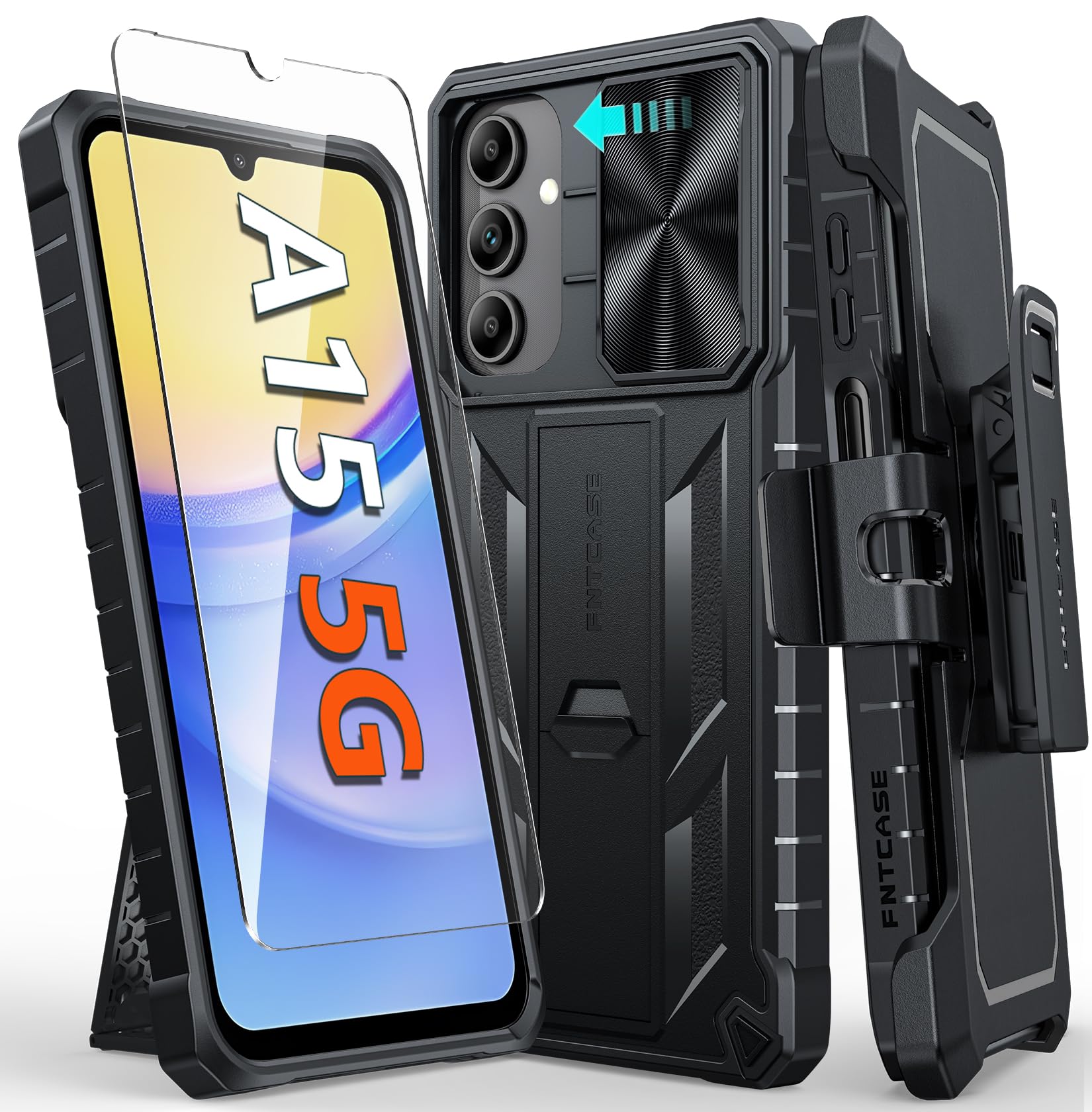 FNTCASE for Samsung Galaxy A15-5G Case: Rugged Protective Phone Cases with Kickstand & Holster | Military Grade Shockproof Protection Sturdy Heavy Duty Drop Proof Hard Covers 6.5 inch Black