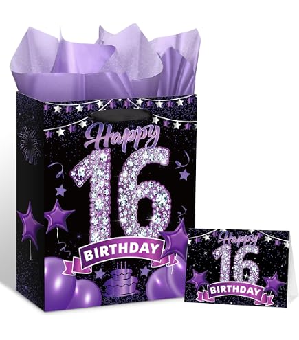 Blue And Black 16Th Birthday Gift Bag With Tissue Paper And Greeting Card Happy