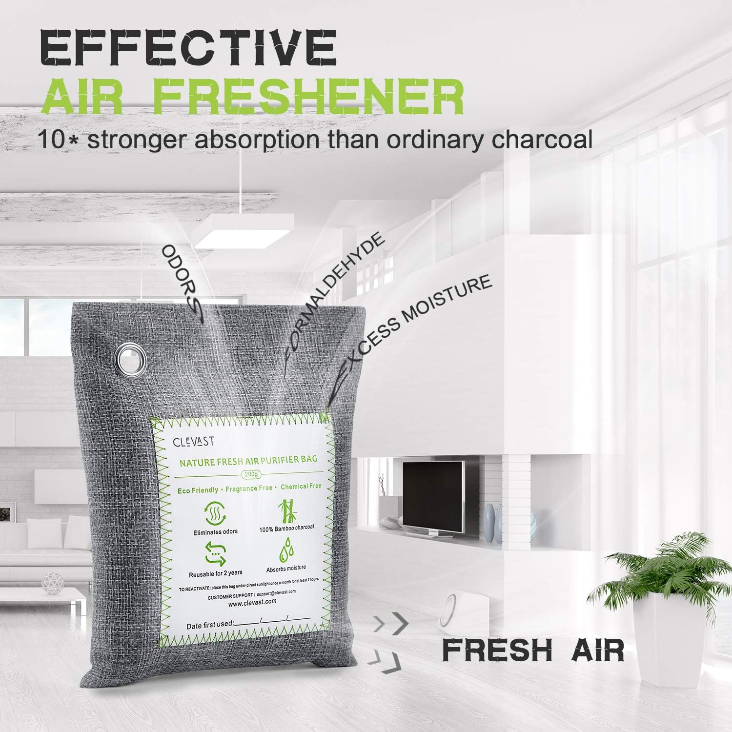 CLEVAST Bamboo Charcoal Air Purifying Bags (4×200g), Removes Odors and Moisture, Nature Fresh Air Purifier Bags for Home, Car, Pets, Bathroom, Basement: Home & Kitchen