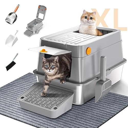 Stainless Steel Cat Litter Box with Lid, XL Extra Large Metal Litter Box with Stainless Steel Litter Scoop for Big Cat, Enclosed Removable,Anti-Leakage,Non-Sticky,Easy Cleaning,20L,24 * 15 * 16inch