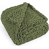 LONG CREATE Chunky Knit Throw Blanket 50"X 60", 100% Handmade with Soft Chenille Yarn, 4.4lbs Thick Cable Knitted Blankets, Large Rope Knot Crochet Throws for Couch Sofa Bed Home Decor, Olive Green