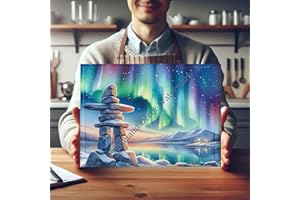 Inuksuk, Inukshuk with Northern Lights Cutting Board, Tempered Glass, 15" x 11", Housewarming Gift