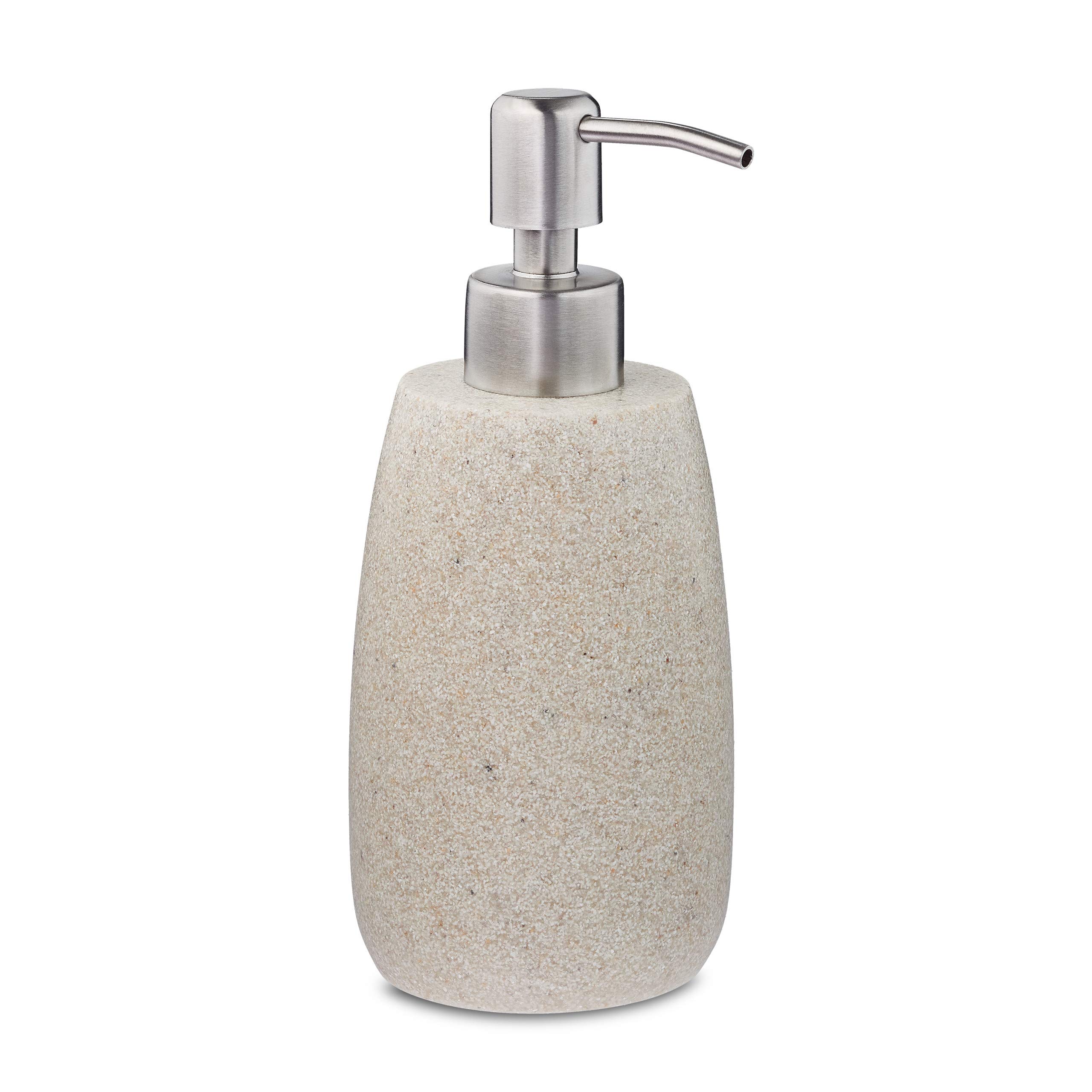 Relaxdays Soap Dispenser, Round, 300 ml, Refillable, Bathroom, for Liquids, Polyresin, Stainless Steel Pump, Beige