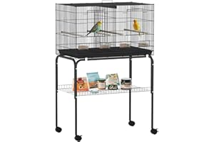 PawHut 46" H Bird Cage, Parakeet Cages for Budgie, Lovebird, Canary, Finches with Divider, Wheeled Stand, Shelf, 4 Wooden Per