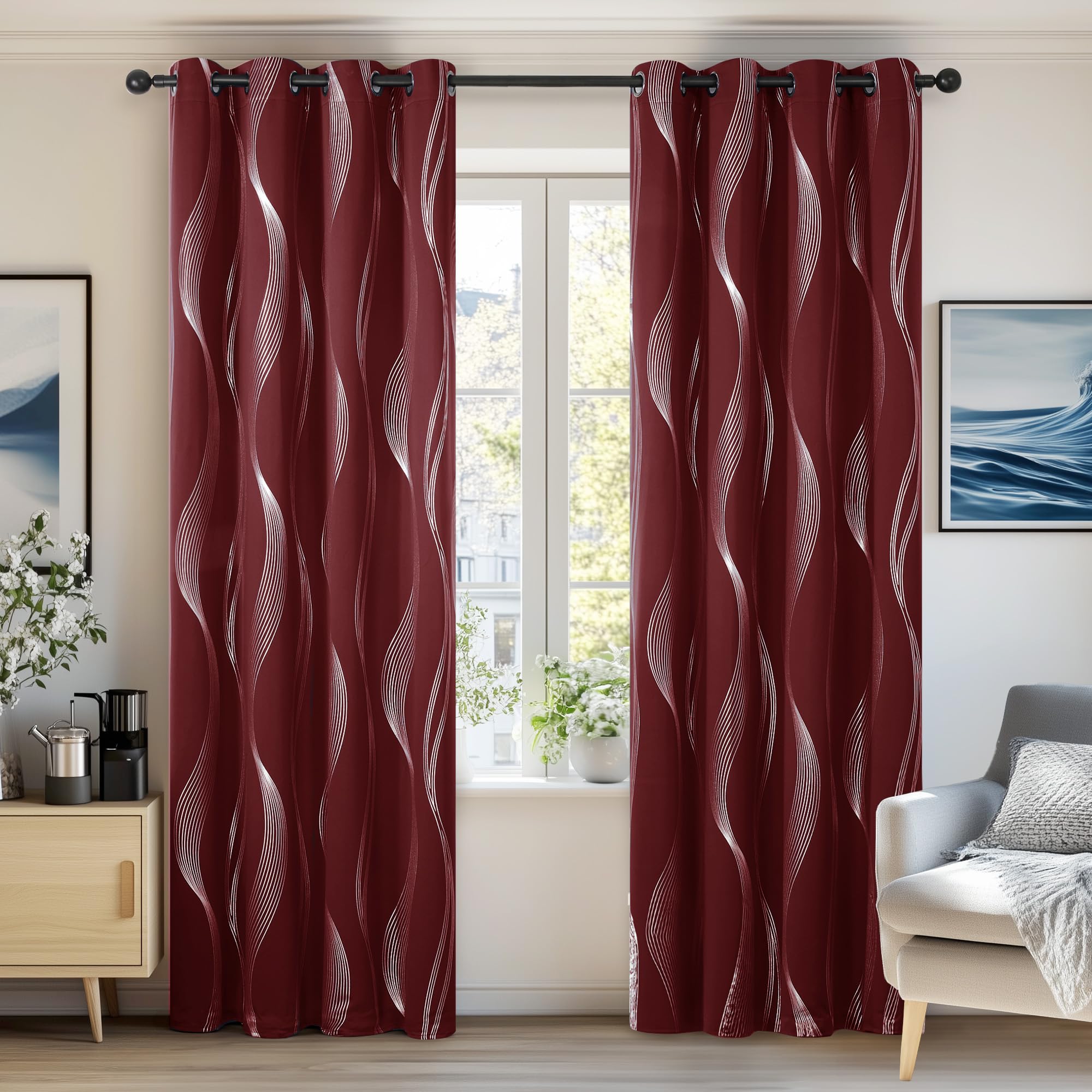 Deconovo Decorative Silver Wave Line Foil Printed Blackout Curtains Thermal Insulated Curtains Eyelet Curtains for Living Room 46 x 90 Inch Red 2 Panels