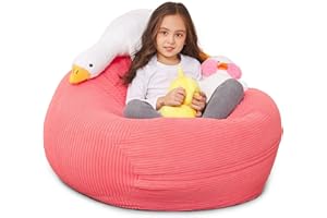 BCHWAY FAMILY Stuffed Animal Storage Bean Bag Chair Cover for Kids, 38" Beanbag Chairs Cover Plush Toys Organizer Super Soft Corduroy with Handle and Zipper for Boys and Girls - Pink