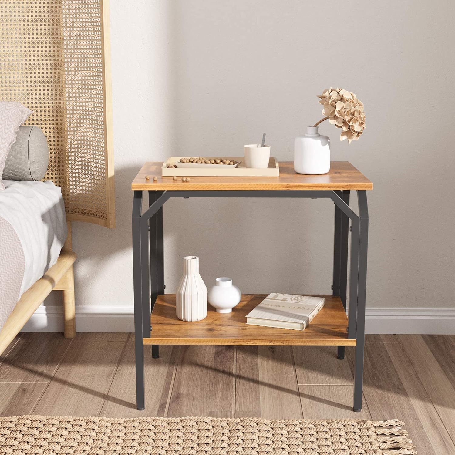 Cubiker End Table, Side Tables for Living Room Bedroom, 2-Tier Accent Table with Wooden Shelf, Waterproof Boards and Metal Frame, Easy to Assemble, Fir: Kitchen & Dining