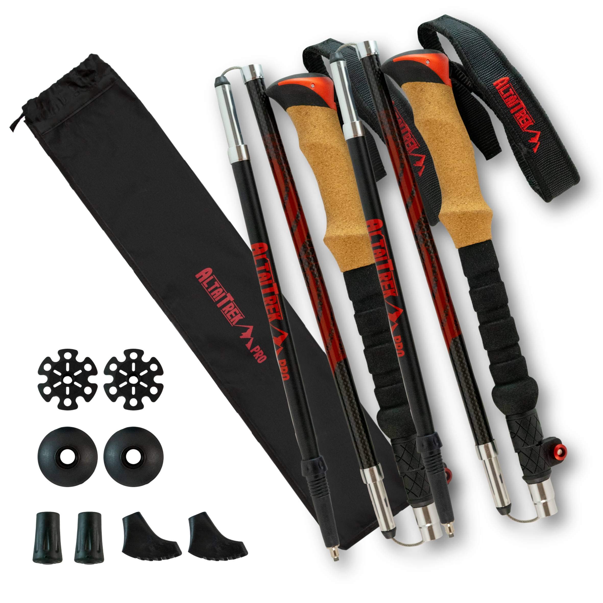AltaiTrek PRO Foldable carbon fiber trekking poles with quick locking system, ultralight for hiking, mountain camping. Natural cork handle. Pair